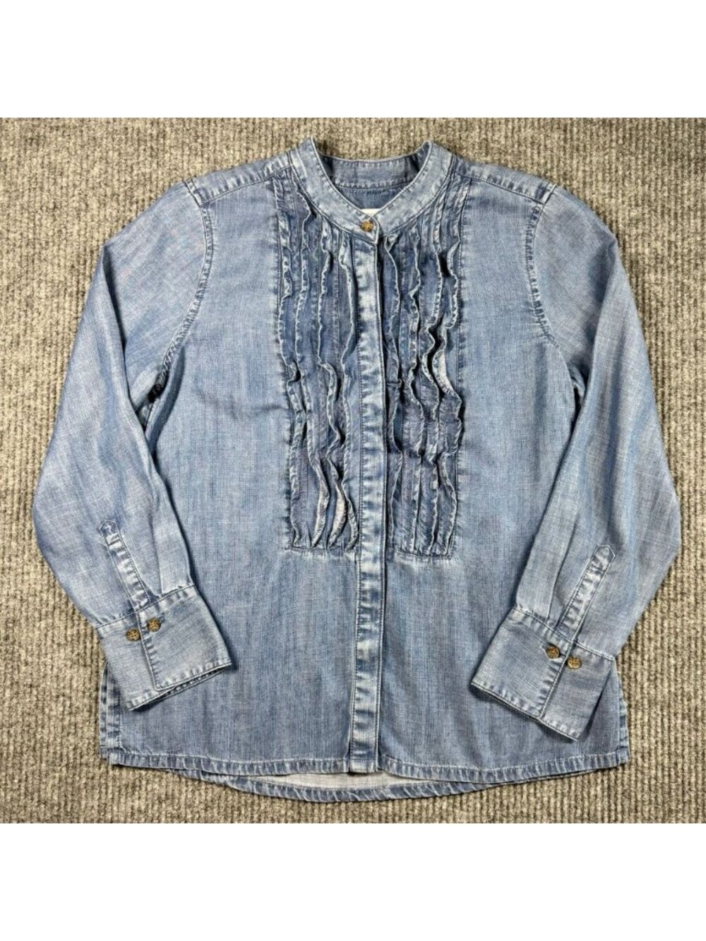 Chicos Denim Ruffle Shirt Womens 0/Small Blue Tencel Band Collar Button Front